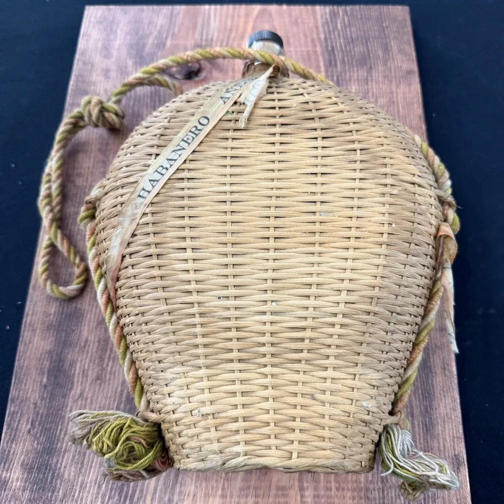 Vintage Habanero Anejo Wicker Wrapped Tequila Bottle Glass Decanter Rope Strap